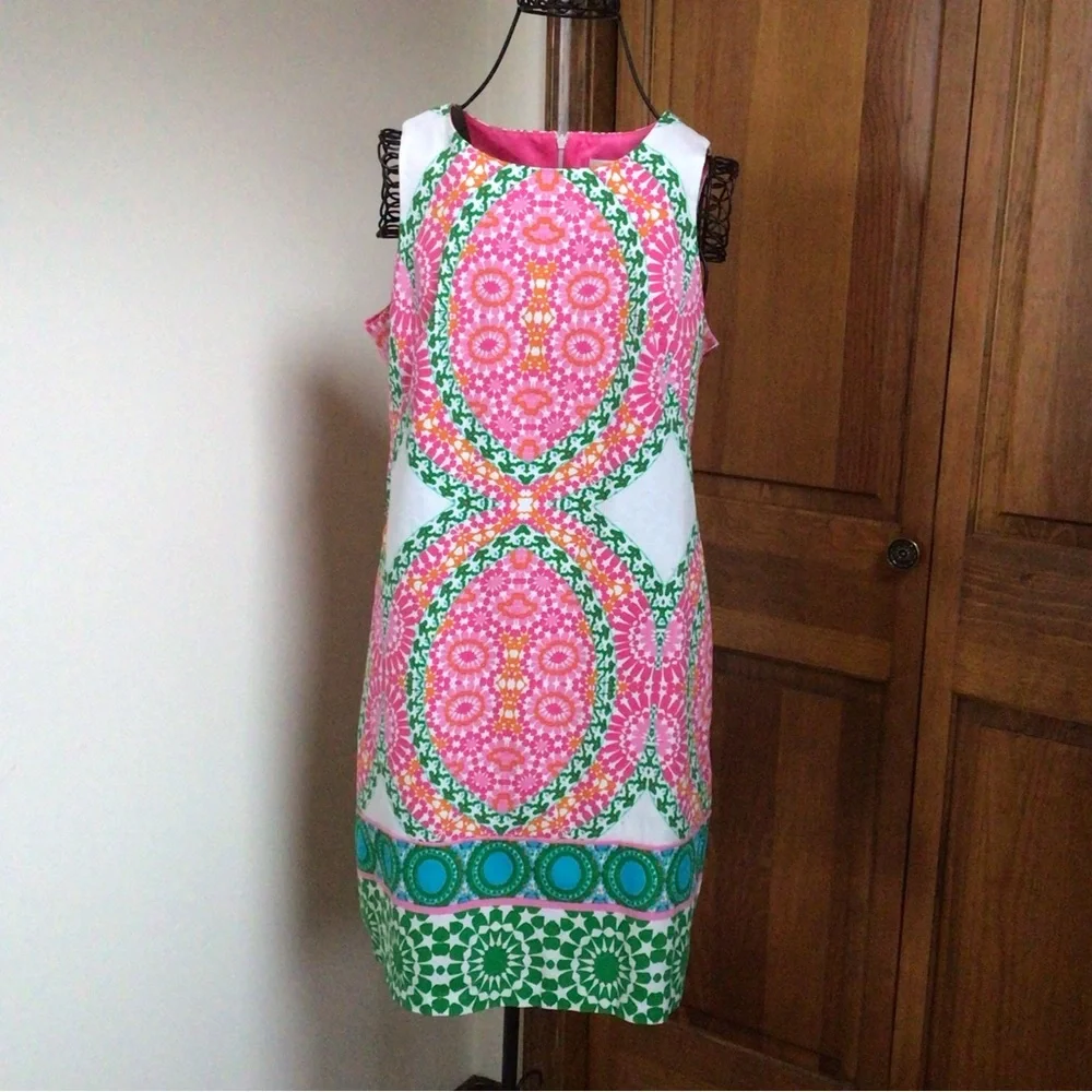 LONDON TIMES Mosaic Print Sleeveless Shift Dress Size 8 in Bright Pink Print - Picture 2 of 7